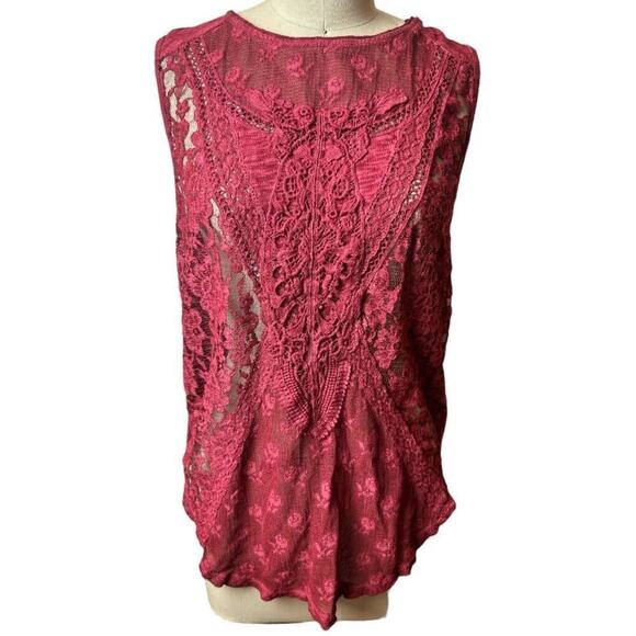 Free People Burgundy Lace Front Sleeveless Top Blouse Women's Size M - Picture 2 of 6